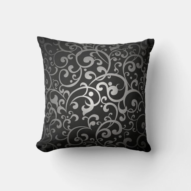 ZWARTE SILVER GRAY DIGITAL SWIRLS RANDOM ABSTR KUSSEN (Voorkant)