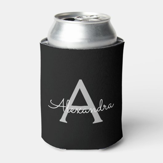 Zwarte Silver Modern Script Girly Monogram Naam Blikjeskoeler (Blikje Voorkant)