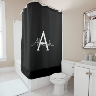 Zwarte Silver Modern Script Girly Monogram Naam Douchegordijn