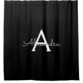 Zwarte Silver Modern Script Girly Monogram Naam Douchegordijn (Voorkant)