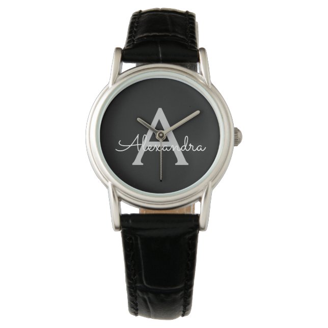 Zwarte Silver Modern Script Girly Monogram Naam Horloge (Voorkant)