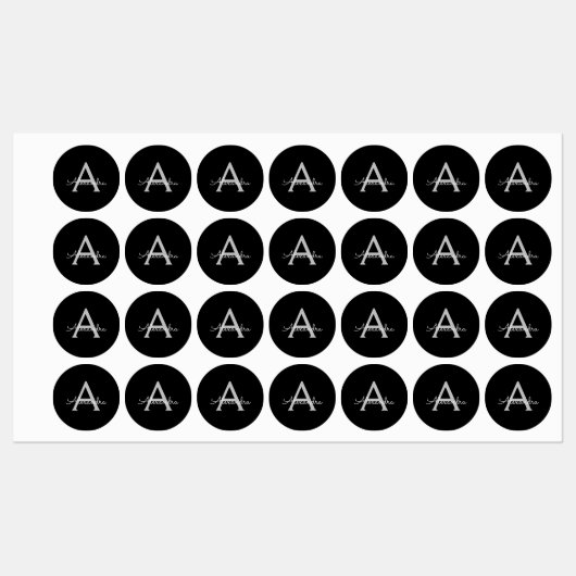 Zwarte Silver Modern Script Girly Monogram Naam Labels (Vel)