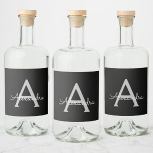 Zwarte Silver Modern Script Girly Monogram Naam Likeurfles Etiket