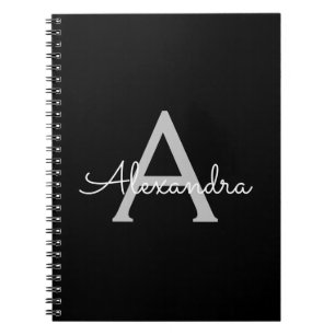 Zwarte Silver Modern Script Girly Monogram Naam Notitieboek