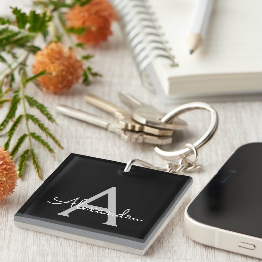 Zwarte Silver Modern Script Girly Monogram Naam Sleutelhanger (Voorkant Rechts)