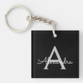 Zwarte Silver Modern Script Girly Monogram Naam Sleutelhanger (voorkant)