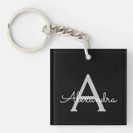 Zwarte Silver Modern Script Girly Monogram Naam Sleutelhanger (voorkant)