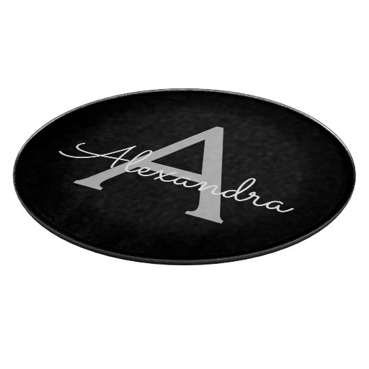 Zwarte Silver Modern Script Girly Monogram Naam Snijplank (Hoek)