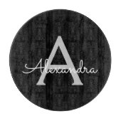 Zwarte Silver Modern Script Girly Monogram Naam Snijplank (Voorkant)