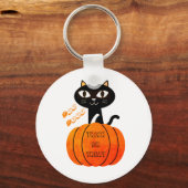 Zwarte Sinaasappel pompoen Kat Schattige Spooky Ha Sleutelhanger (Voorkant)