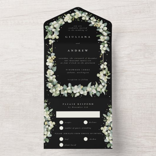 Zwarte sneeuwbes + eucalyptus winter bruiloft all in one uitnodiging (Binnen)