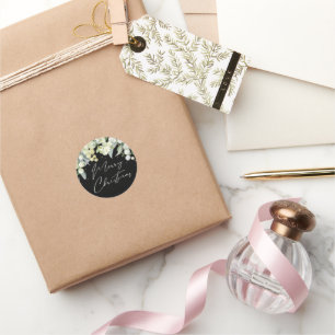 Zwarte Snowberry+Eucalyptus Merry kerstfeestdag Ronde Sticker