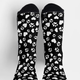 Zwarte Sokken met White Paw Prints & Heart Pattern