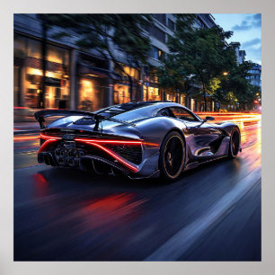 Zwarte sportauto nacht stad moderne snelheid poster