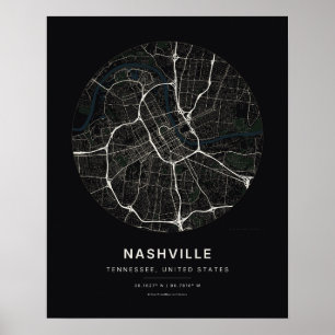 Zwarte stadskaart kunstprint van Nashville TN Poster