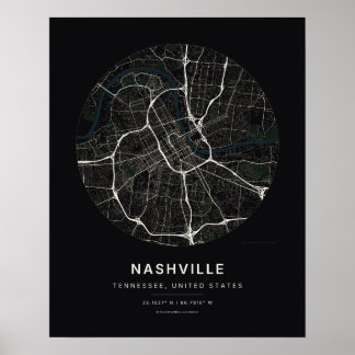 Zwarte stadskaart kunstprint van Nashville TN Poster