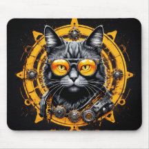 Zwarte steampunk kat met oranje bril