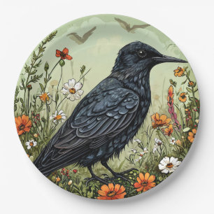 Zwarte stern Vogel Te midden van Bloeiende Bloemen Papieren Bordje