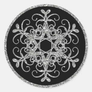 Zwarte Sticker, Glitter LOOK Snowflake Wedding Ronde Sticker