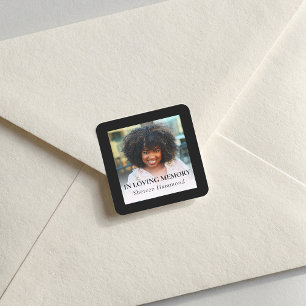 Zwarte stijlvolle vierkante foto rouwkaart sticker