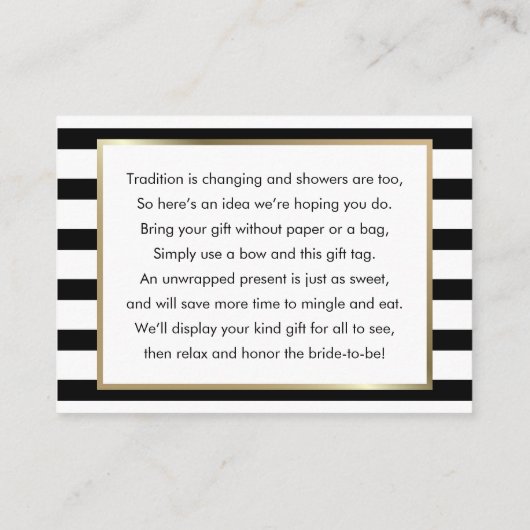 Zwarte streep bruidsfeest displaykaart en -label informatiekaartje (Achterkant)