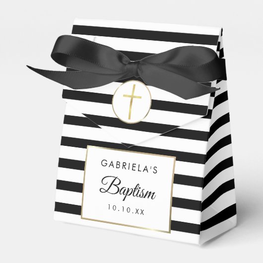 Zwarte Streep Gouden Kruis Doop Doopfeest Bedankdoosjes (Voorkant Zijde)