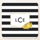 Zwarte Streep & Gouden Pioen Monogram Onderzetters (Voorkant)