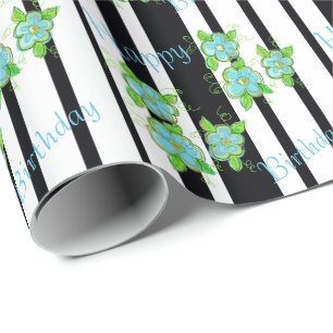 Zwarte streep met blauwe Floral Cadeaupapier