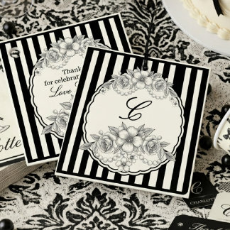 Zwarte Streep Monogram Bloemige Bedank Favour Labe Bedankjes Labels
