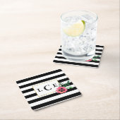 Zwarte Streep & Roze Bloemen Monogram Onderzetters (Insitu)