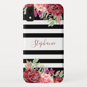Zwarte strepen Bourgondië Floral Waterverf Monogra iPhone XR Hoesje