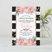 Zwarte Strepen Goud Confetti Roze Bloemen Huwelijk Kaart (Staand voorkant)