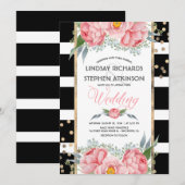 Zwarte Strepen Goud Confetti Roze Bloemen Huwelijk Kaart (Voorkant / Achterkant)