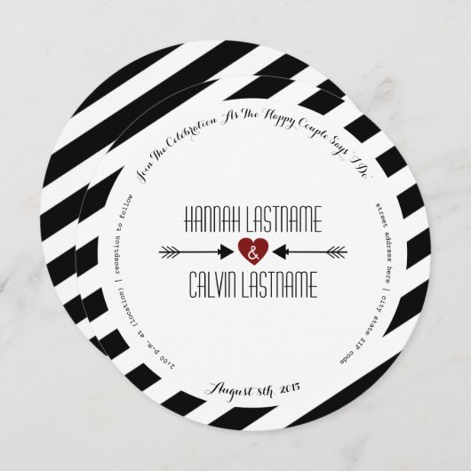 Zwarte Strepen Rood Hart + Pijlen Rond Huwelijk Kaart (Voorkant / Achterkant)