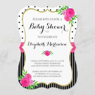 zwarte strepen Stippen Roze Baby shower Kaart