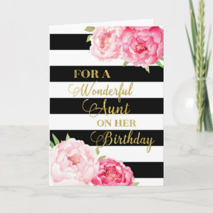 Zwarte strepes roze bloemen tante Birthday Card Kaart
