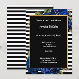 ZWARTE STRIPE BLUE GOLD FLORAL 2 BIRTHDAPPARTIJ KAART