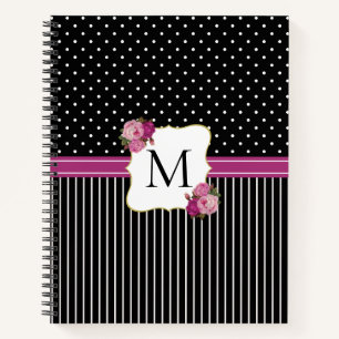 Zwarte Stripe Stippen Paars Floral Monogram Notitieboek