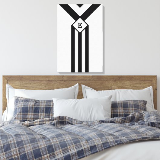 Zwarte Stripes en Chevrons met Monogram op wit Canvas Afdruk (Insitu (Slaapkamer))