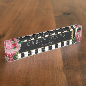 Zwarte Stripes en Floral Desk Naambordje (Zijkant)