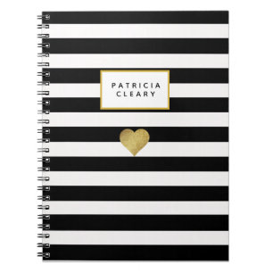 Zwarte Stripes en metalen Gold Heart-laptop Notitieboek