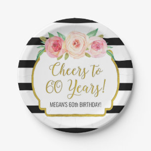 Zwarte Stripes Flowers Cheers tot 60 jaar verjaard Papieren Bordje