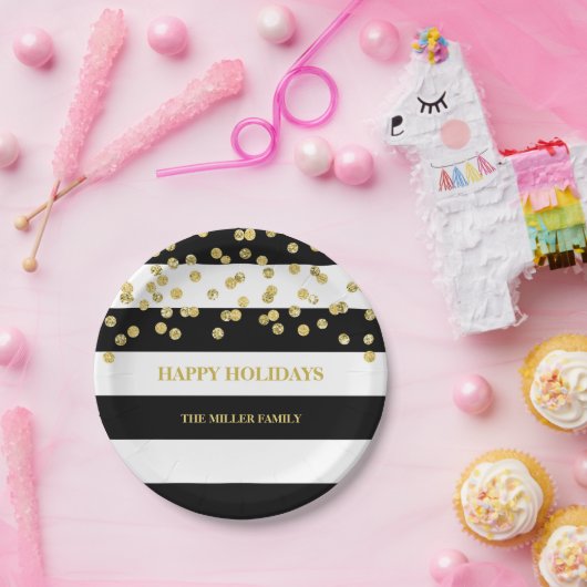 Zwarte Stripes Gold Confetti kerstBorden Papieren Bordje (Feest)