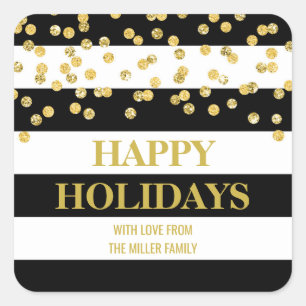 Zwarte Stripes Gold Confetti Prettige feestdagen A Vierkante Sticker