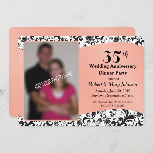 Zwarte Swirl & Koraal 35e trouwdag foto Kaart (Voorkant / Achterkant)
