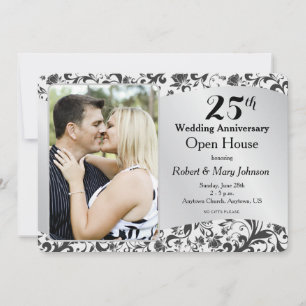 Zwarte Swirl & Zilveren 25e Huwelijksjubileum Kaart