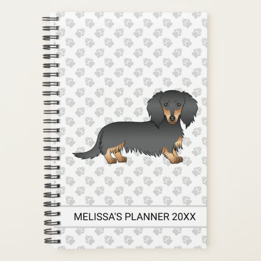 Zwarte & Tan Long Hair Dachshund Cartoon Dog & Tex Planner (Voorkant)