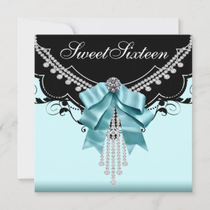 Zwarte Teal Blauwe Sweet Sixteen Verjaardagsfeestj Kaart
