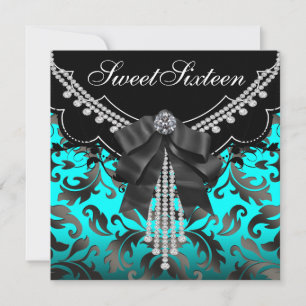 Zwarte Teal Blauwe Sweet Sixteen Verjaardagsfeestj Kaart