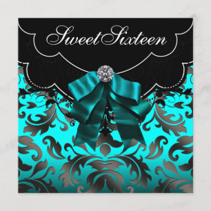 Zwarte Teal Blauwe Sweet Sixteen Verjaardagsfeestj Kaart